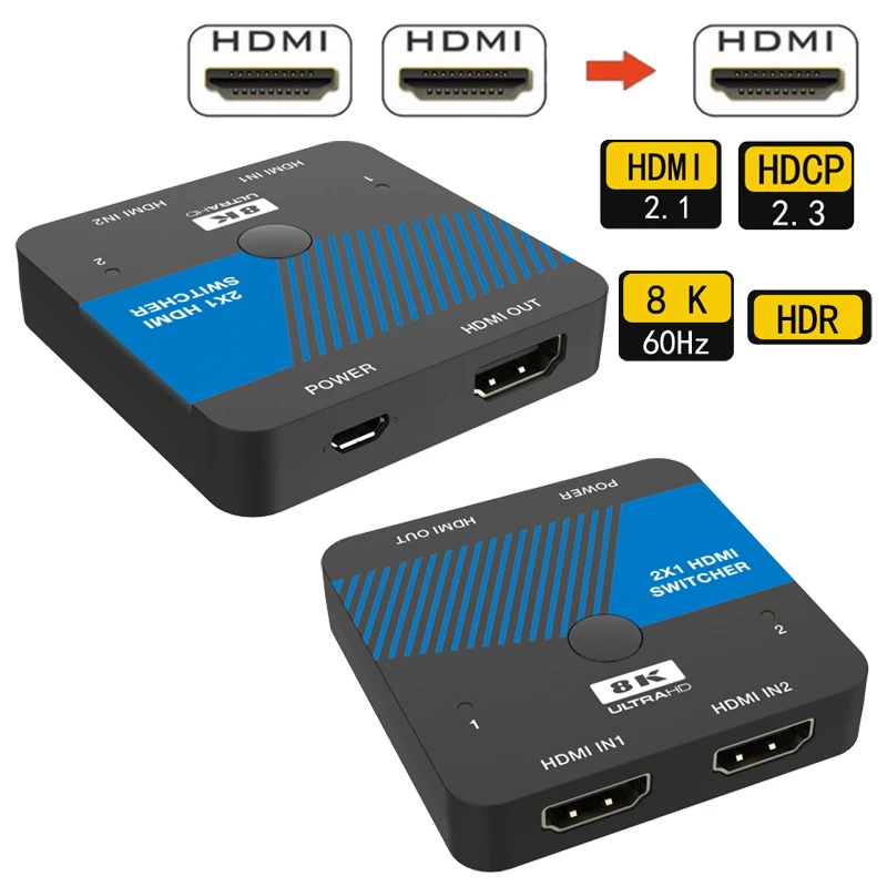 Game live screen splitter box 8K HDMI-compatible switcher 2 In 1 Out  HDMI-compatible Splitter Adapter Video Switcher Adapter