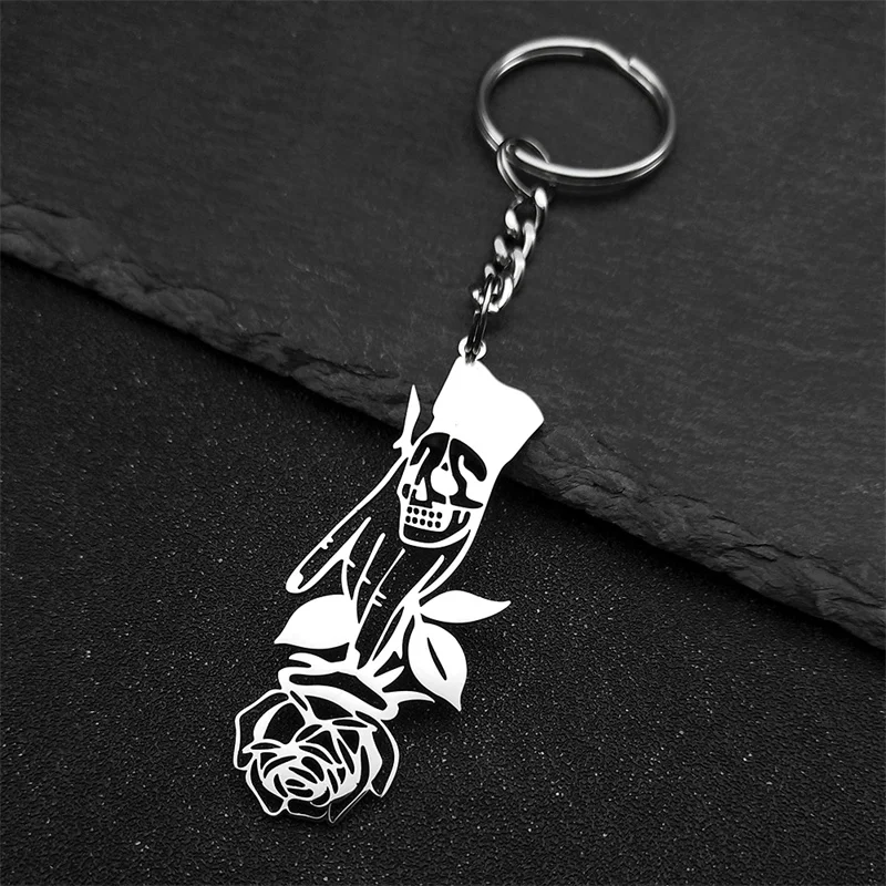 Rose ดอกไม้ Skull Hand Key Chain สําหรับผู้หญิงผู้ชายสแตนเลสสตีลเงินสี Hollow Charm Party พวงกุญแจเครื่องประดับ porte clés