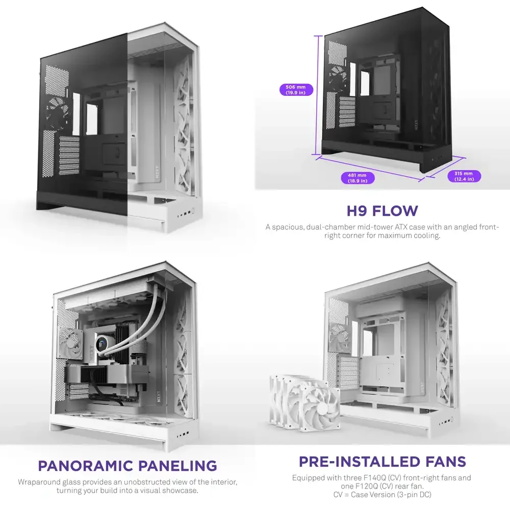

2025 New NZ/XT H9 Flow Black White Mid-Tower ATX Gaming Glass View PC Case with 4 Pre-installed Fans for Gaming Desktop DIY