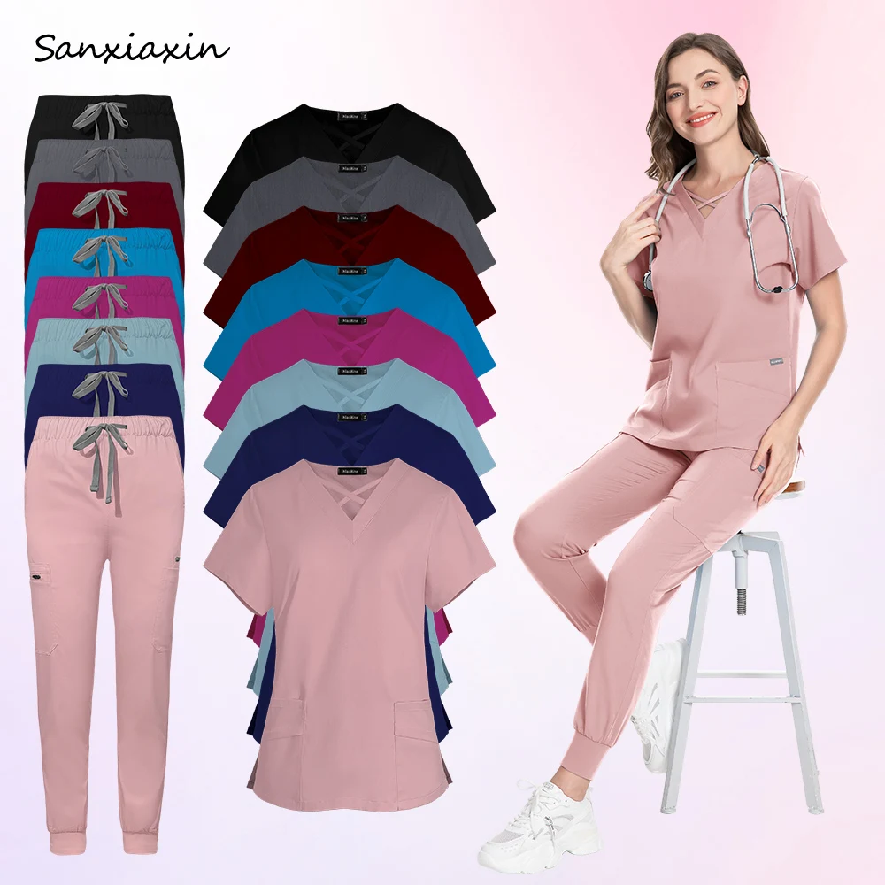 

Fashion Scrubs Jogger Suits Women Pet Hospital Nurse Uniforms Set Solid Color Scrubs Surgical Gown Multiple Pockets Vet Workwear