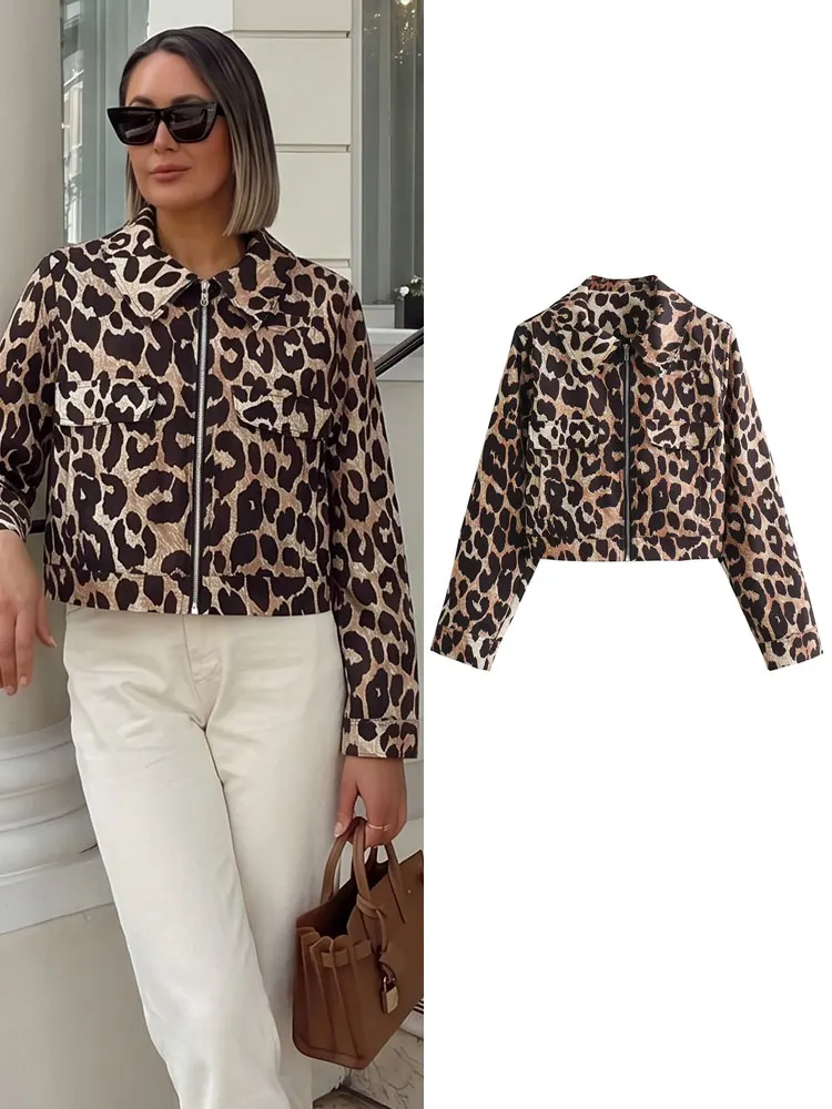 

HH Womens Leopard Print Cropped Jacket Lapel Collar Zip Up Front Pockets Long Sleeve Streetwear Casual Beach Vacation Coat