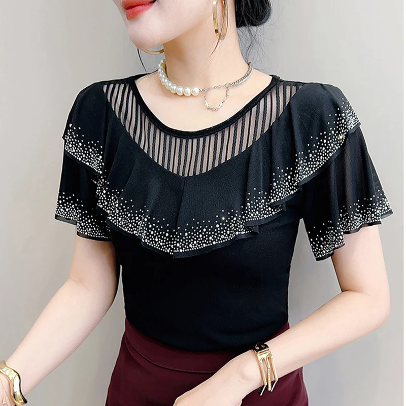 New 2026 Summer Short Sleeved O-Neck Women's T-Shirt Fashion Sexy Hollow Out Ruffles Mesh Tops  Hot Drilling Blusas