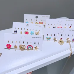 MIGGA 5pcs Pink Heart Bowknot Girl Stud Earrings Stack for Women Gold Color Plated Fashion Jewelry