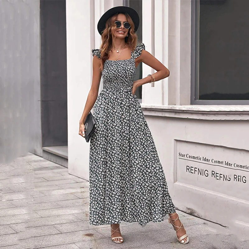 Đầm In Hoa Xù Tay Đi Biển Mùa Hè Ngọt Đầm Áo Bohemian Hoa Đầm Maxi Dài Đầm Vestidos