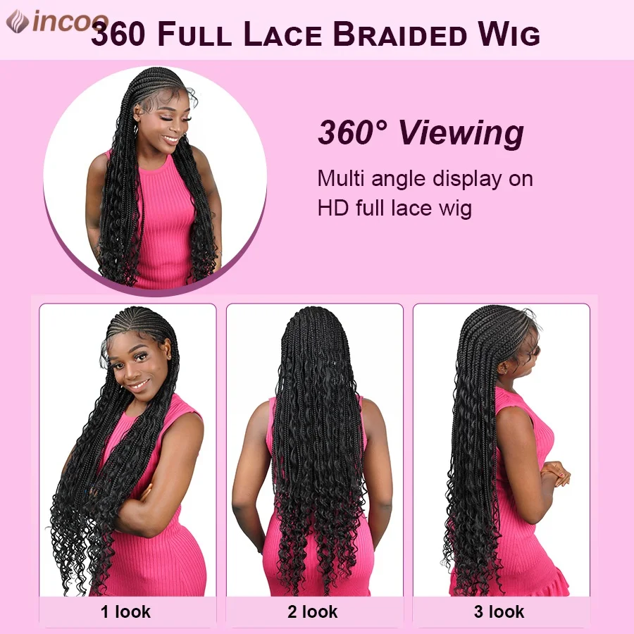 بوهو شعر مستعار مضفر الاصطناعية Knotless صندوق جديلة الباروكات مع نهايات الشعر المجعد Locs آلهة كامل الدانتيل الباروكات Cornrows تجديل خصلات الشعر المستعار