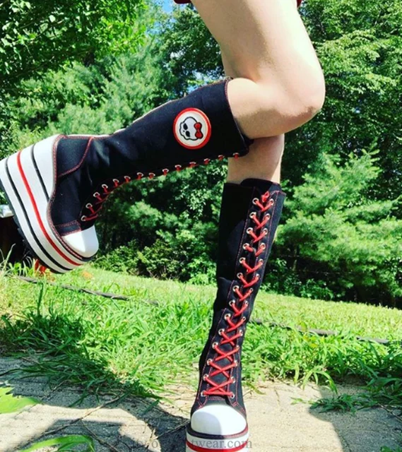 Y2K Black Pink Canvas Platform Wedges Super High Heels Lace up Knee High Boots Heart Patch