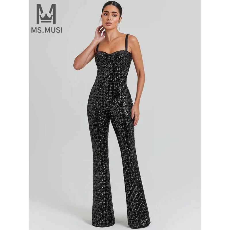 

MSMUSI 2024 New Fashion Women Sexy Strap Sequins Sleeveless Backless Bodycon Party Club Flare Pant Slim Lady Jumpsuit With Belt