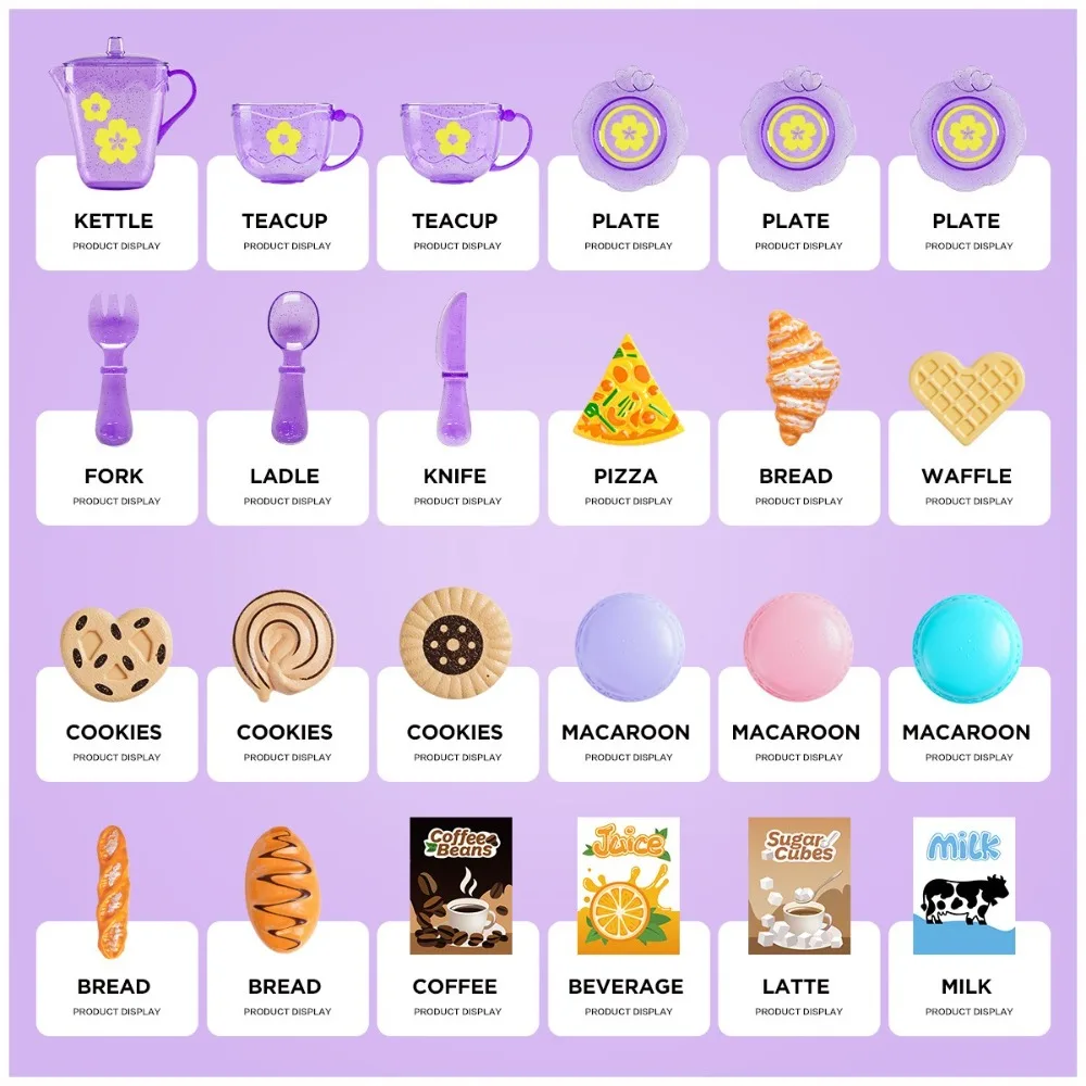 Tea Time Playset ครัวจําลอง Playset พร้อมกล่องเก็บตารางขนมขบเคี้ยวเด็กแกล้งทําเป็นของเล่นทําอาหาร Montessori Interactive