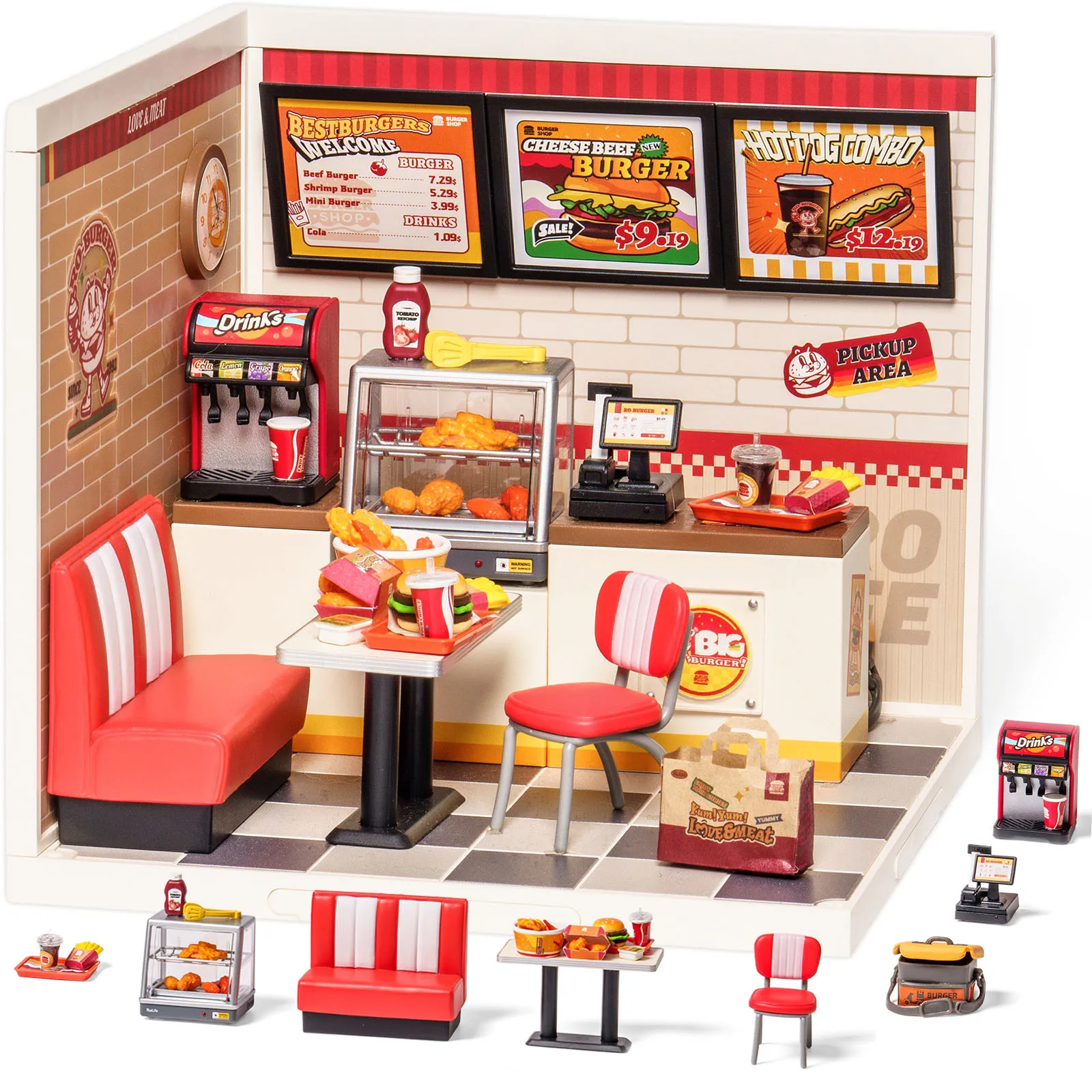

Набор для сборки миниатюрного домика Rolife DIY Yum Yum Burgers Super Creator, 3D-пазл, модель-конструктор с LED-подсветкой для декора рабочего стола
