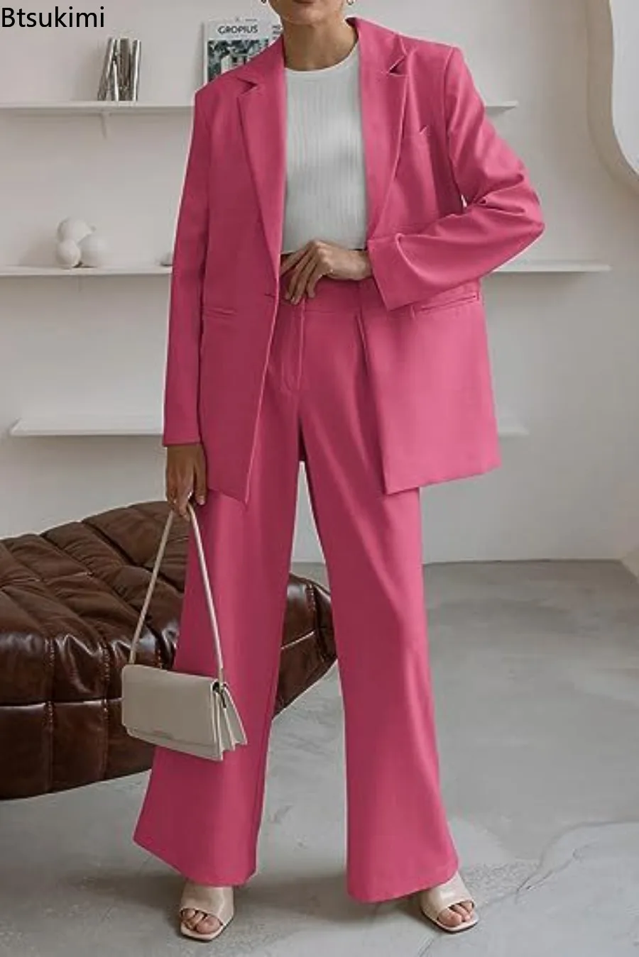 2024 Office Ladies Temperament Dwuczęściowy zestaw w jednolitym kolorze Business Casual Blazer Płaszcze i proste spodnie Garnitury Moda Zestawy