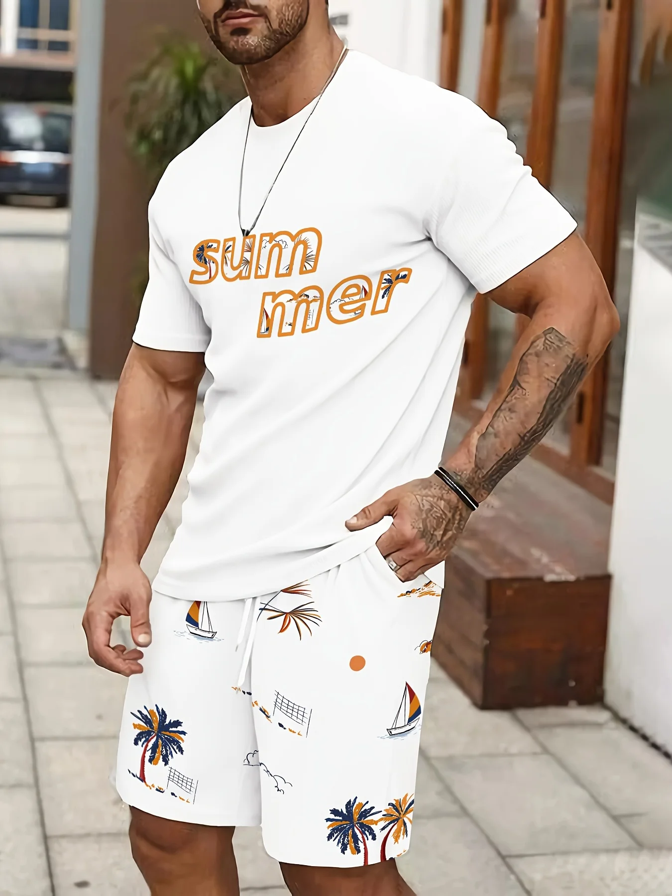 

The 2025 summer new men's set is made of 3D coconut tree printed polyester fiber which is fashionable comfortable and breathable