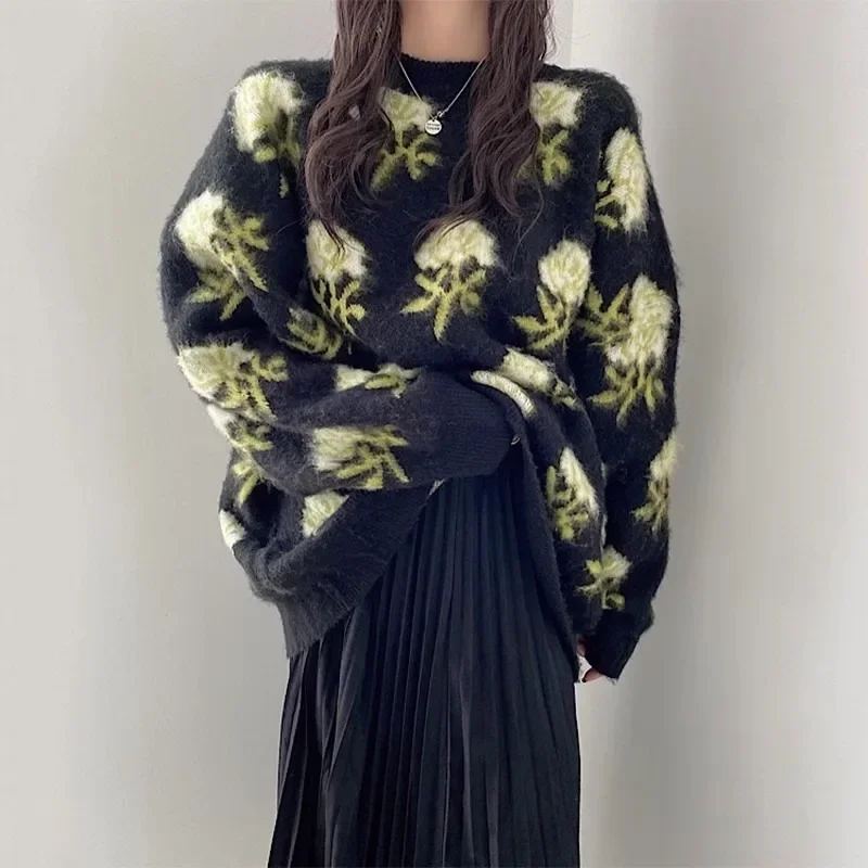 

Sweet O-Neck Floral Printed Knitwear Casual Chic Knitted Sweater Women Clothes Winter Warm Flower Pullover Sweater Jumper 28367