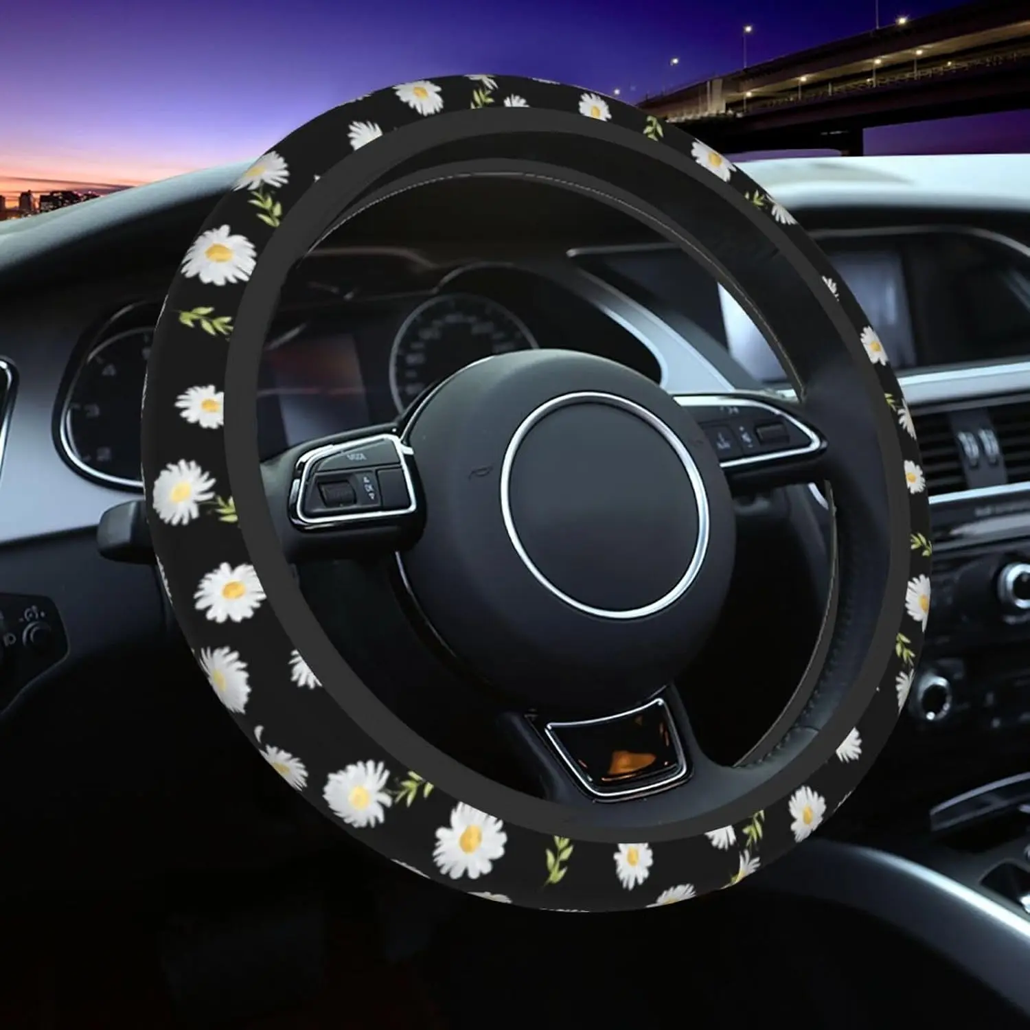 White Daisy Steering Wheel Cover for Women Men Girls, Car Accessories Decor Anti-Slip Auto Steering Wheel Covers Protector Unive