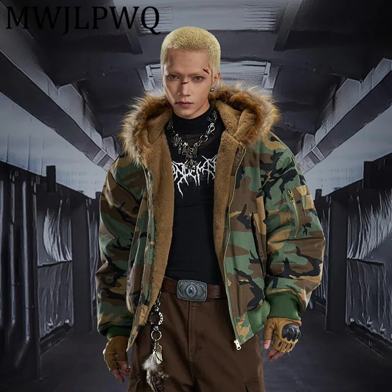 

MWJLPWQ Men's Camouflage Fur Design Hooded Loose Padded Thickened Fleece Jacket High Street Long Sleeve Winter Casual Coat 12814