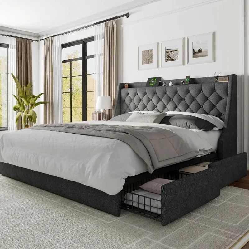 King Size Bed Frame with 4 Storage Drawers, Upholstered Storage Bed with Charging Station, Tufted Wingback Storage Headboard,