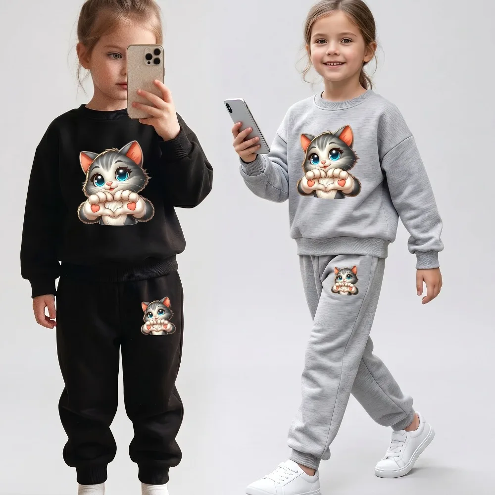2026 Autumn New Style Girls Hoodies Sets 1-8years Kids O Neck Sweatshirt and Long Pant 2pcs Suit Cute Kitty Printed Tracksuit