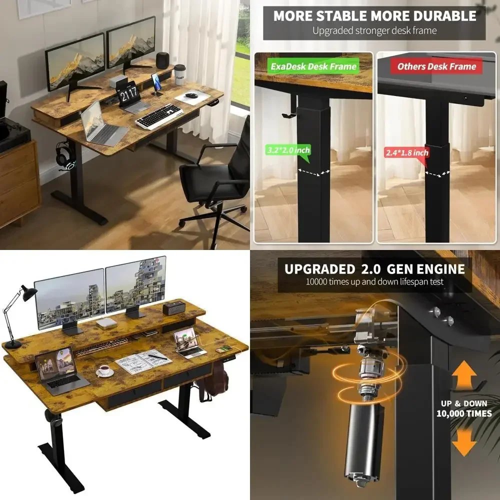 

Горячая распродажа: универсальный электрический регулируемый по высоте стол с 4 ящиками и двойными полками для домашнего офиса