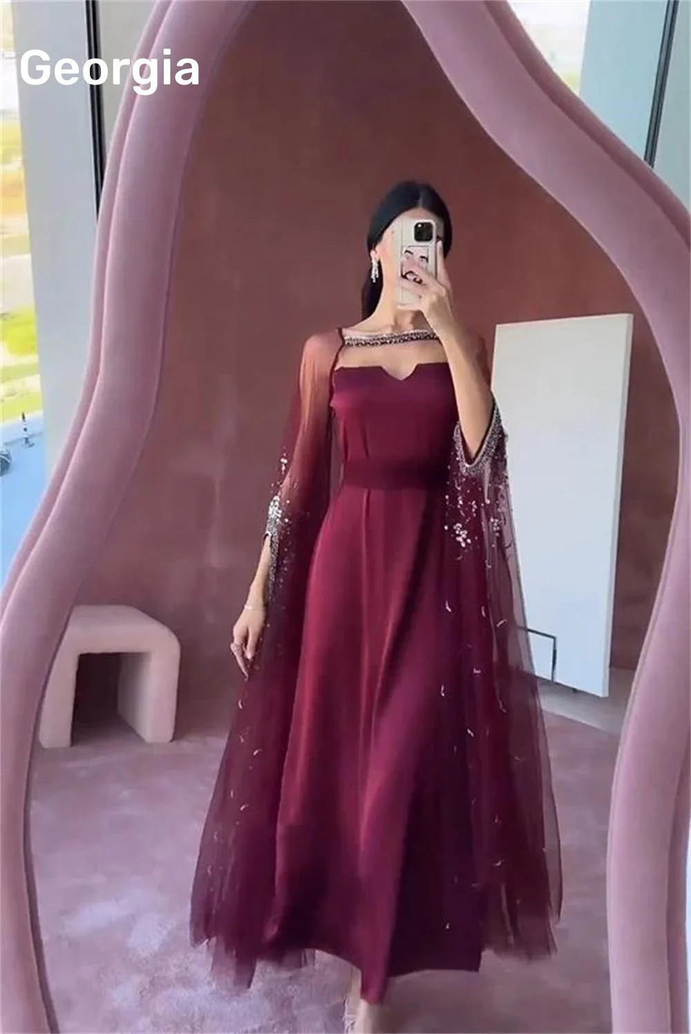 Customized Women Burgunday Evening Dresses With Sleeves Long Square Neck Floor Length Vintage Prom Gowns Formal Occasion Dress