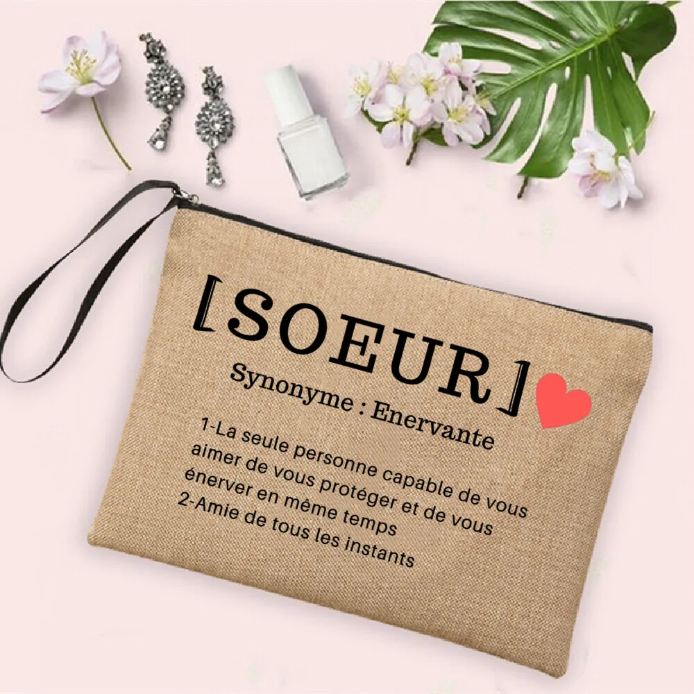 Women Cosmetic Bag Neceser Makeup Bags Maman Tata Soeur Amie Definition Print Linen Zipper Pouch Travel Toiletry Organizer Gifts