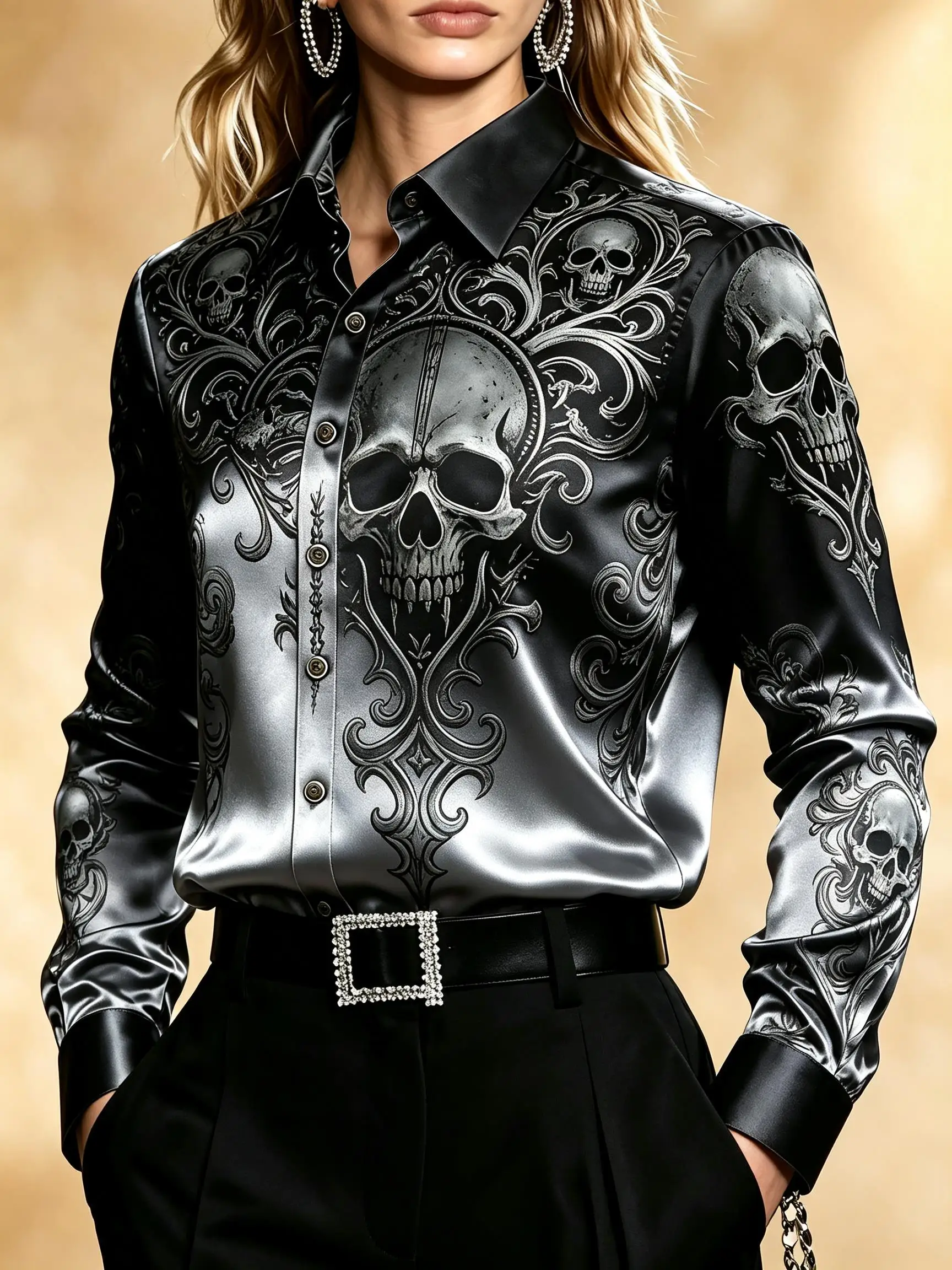 Women Lapel Long Sleeve Button‑Down Satin Shirt Gothic Baroque Scroll Skull Gradient Print Turn‑Up Cuff Casual Loose Blouse Tops