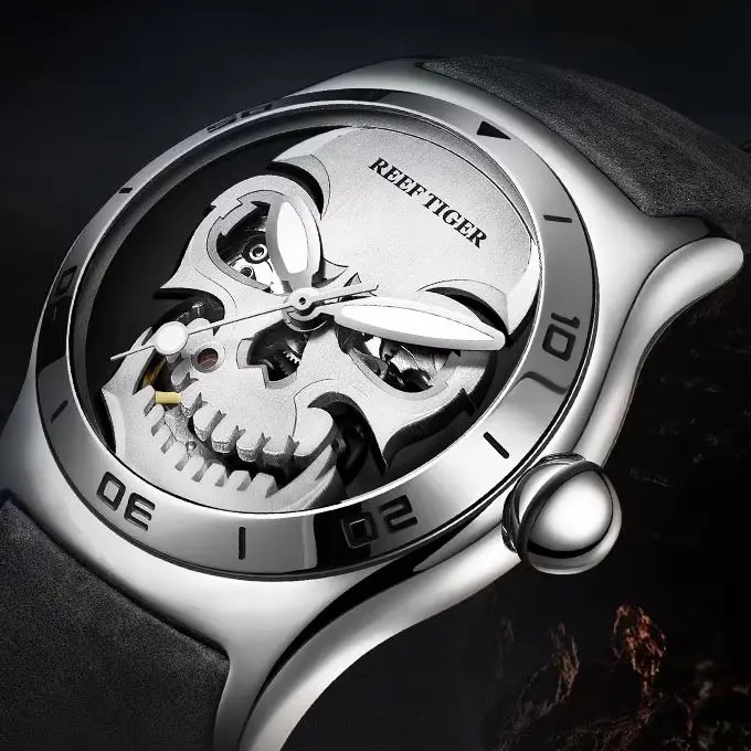 

Reef Tiger Men Automatic Watch 44mm Mechanical Wristwatch Bubble Mirror Luminous Skeleton Skull Dial
