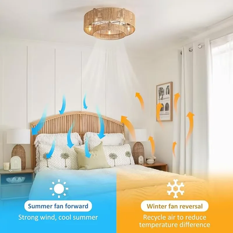 50CM Rattan Ceiling Fan with Lights Remote Control 6 Speeds Reversible DC FAN New Bedroom Ventilator Fan Lights Cooling Fan Lamp