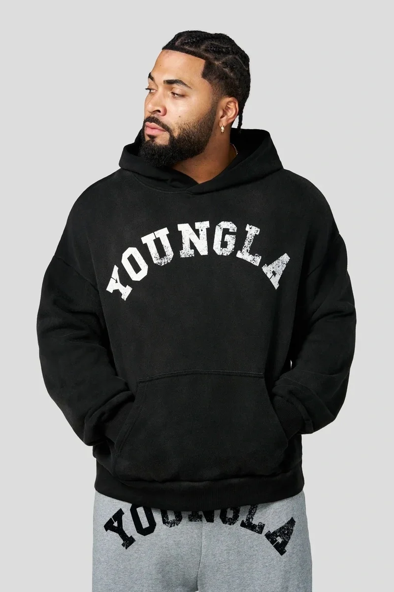 Men Oversized YOUNGLA Vintage Distressed Graphic Hoodie, Curved Letter & Bodybuilder Double Sided Print Pullover Hooded Sweatshi