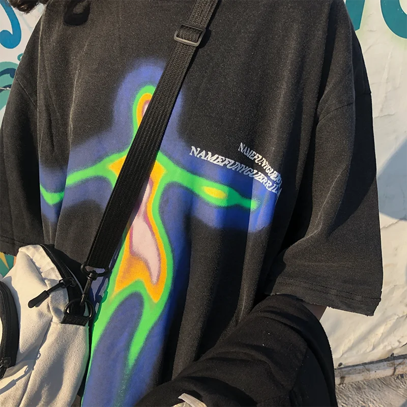 T-Shirt oversize estiva donna Y2k T-Shirt Harajuku a maniche corte con stampa verticale distorta Hip Hop Streetwear T-Shirt da uomo Tee Top