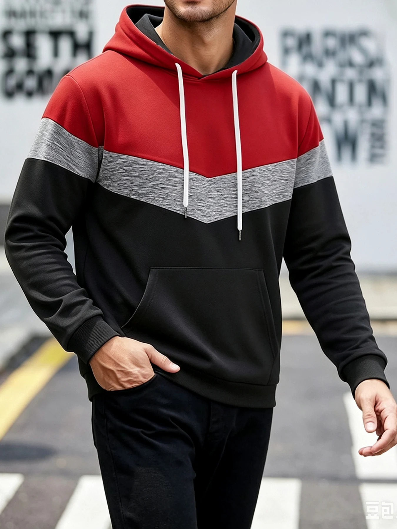 Men's Red, Gray, and Black Triangle Patchwork Hooded Long-Sleeve Sweatshirt, Three-Color Contrast Kangaroo Pocket Loose Hoodie, Spring and Autumn Casual Versatile Top for Young and Middle-Aged Men