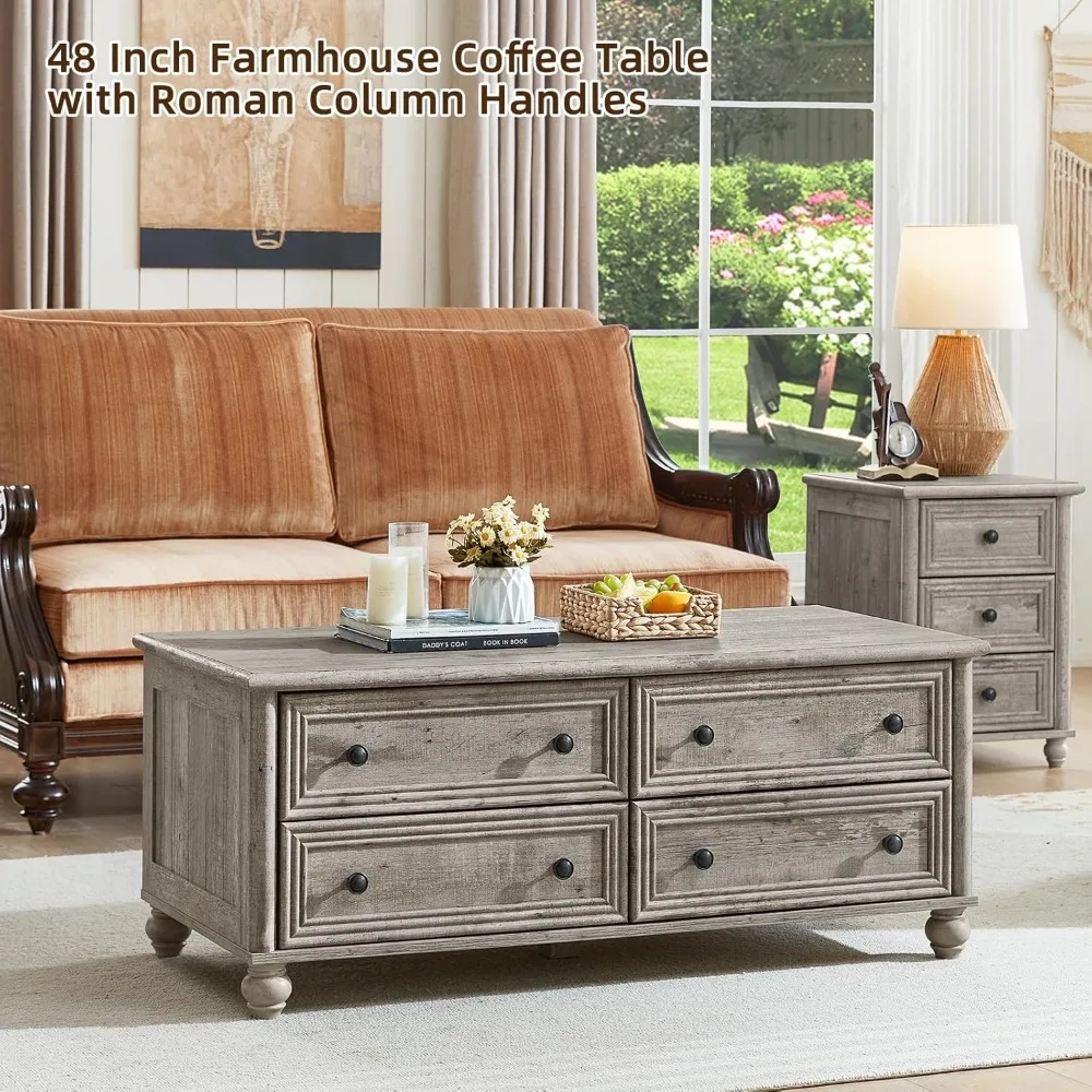 48" Farmhouse Coffee Table with Hidden Storage,Wooden Coffee Tables with 4 Drawers & Roman Column Handle,Rectangular Rustic Cent