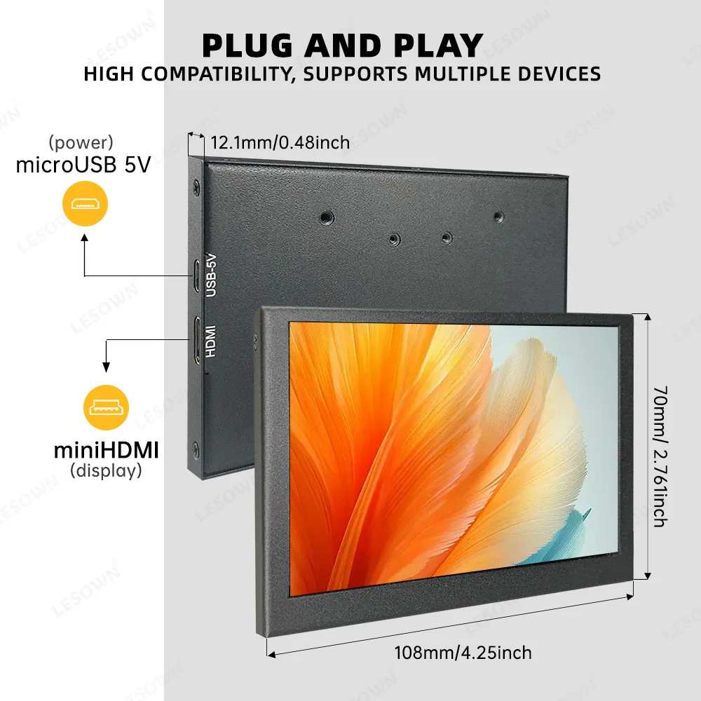 LESOWN USB Powered Monitor Small 4.3 inch 800x480 HD IPS mini Wide LCD Screen HDMI Secondary Display for Windows PC Computer