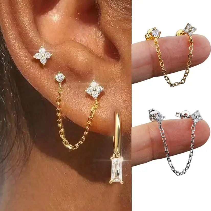 موضة سلسلة واحدة ثقب الأذن للنساء فتاة الزركون شرابة قلادة الفص اللولب ثقب القرط الذهب اللون مجوهرات للجسم هدية #1