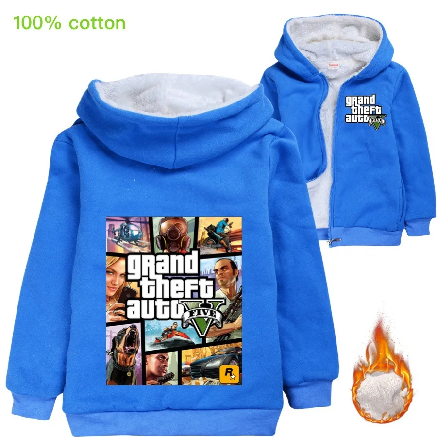 Winter Grand Theft Auto Game GTA 5 Hoodies Kids Jacket with Zipper Wool Liner Boys Coat Thicken Hooded Fur Baby Girl Outwear