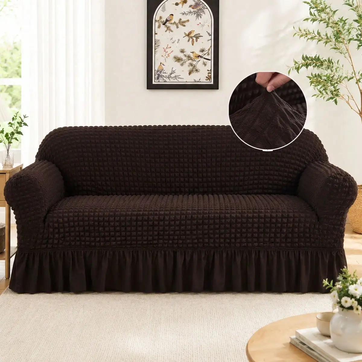 1pc Pet Friendly Bubble Waffle Stretch Sofa Slipcover With Ruffle Skirt Anti-Slip Full Wrap Couch Cover Machine Washable Universal Furniture Protector For 1/2/3/4 Seater Old Sofa Living Room Makeover