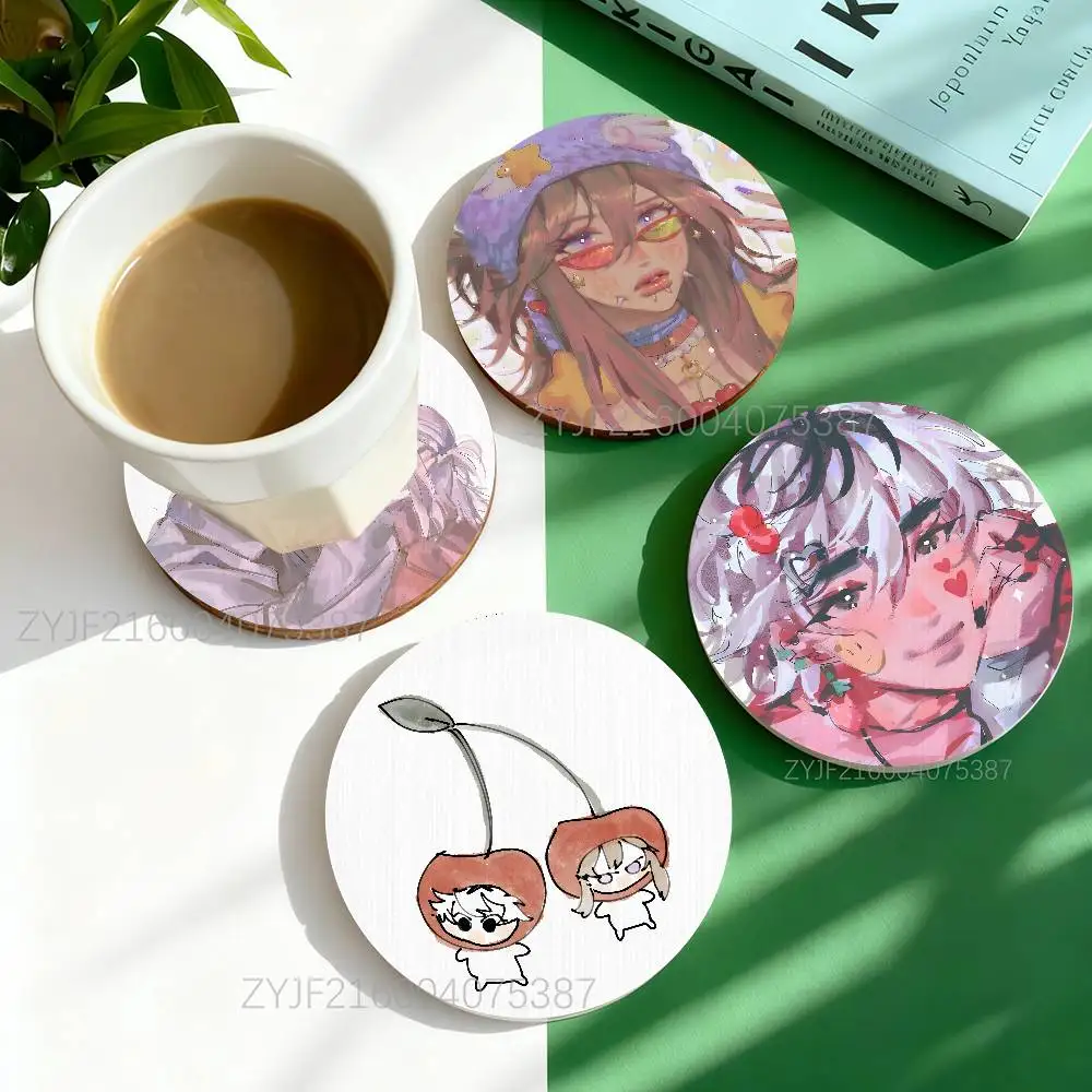 

C-Cherry Crush Anime Round Wooden Coasters Heat Resistant Non-slip Drink Cafe Decoration 2D Flat Color Print Set