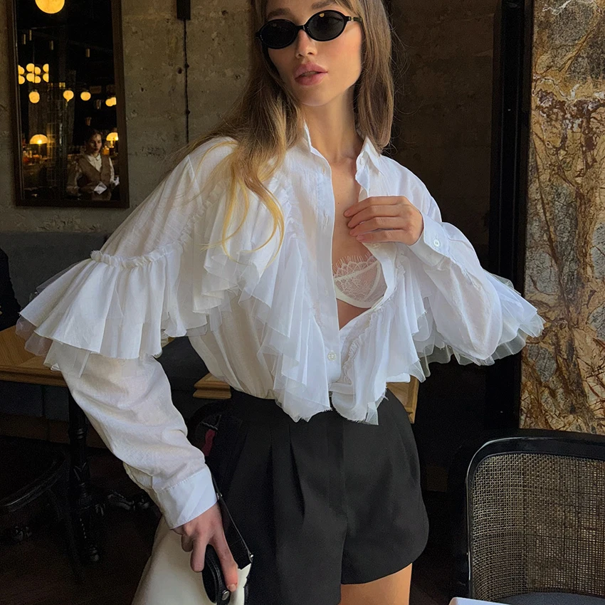 

Linad Trendy Ruffles White Sheer Long Sleeve Blouses Sexy Loose Button Single Breasted Woman Tops Summer 2025 Lapel Solid Shirts