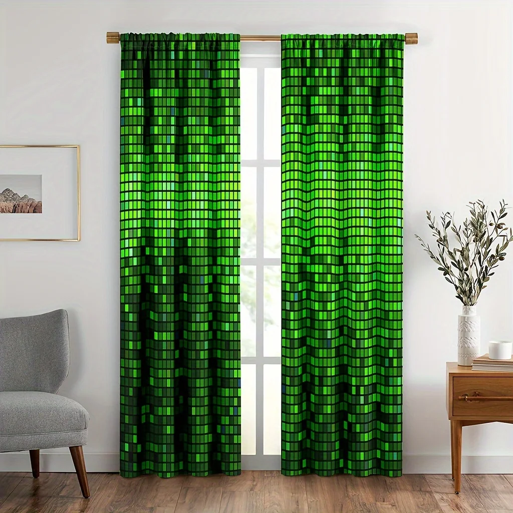 Green Matrix Code Curtain, Digital Rain Window Drape, Cyberpunk Hacker Room Decor, Pixel Art Tech Background for Gaming Setup