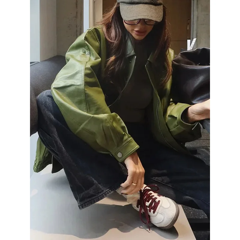 여성용 녹색 PU 가죽 재킷, 라플 지퍼, 루즈 풀 슬리브, 싱글 브레스트 크롭 코트, 2024 뉴 레이디 솔리드 스트리트웨어, 패션