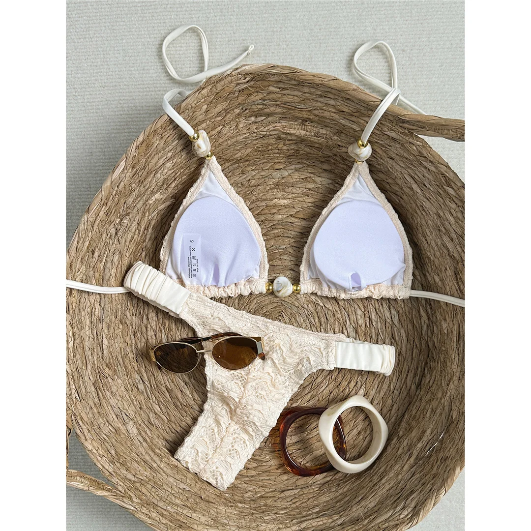 2026 Geknitterter Neckholder-Bikini Damen-Badeanzug zweiteiliger Bikini-Set gepolsterter Badeanzug Badebekleidung V8135 – Detail 6