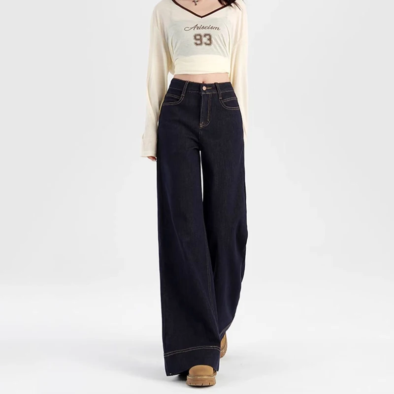 Fashion Denim Navy Blue Straight Pants Women Vintage High Waist Full Length Jeans Female Korean Chic Wide Leg Baggy Trousers