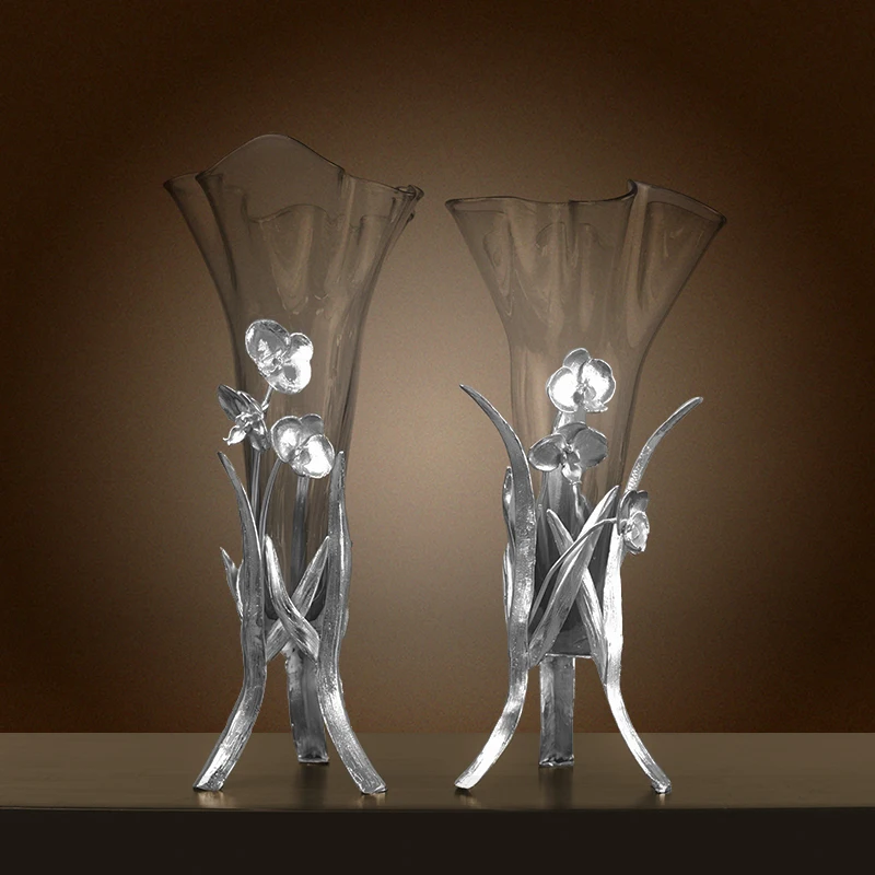 Vas bunga kuningan kaca aksesoris rumah