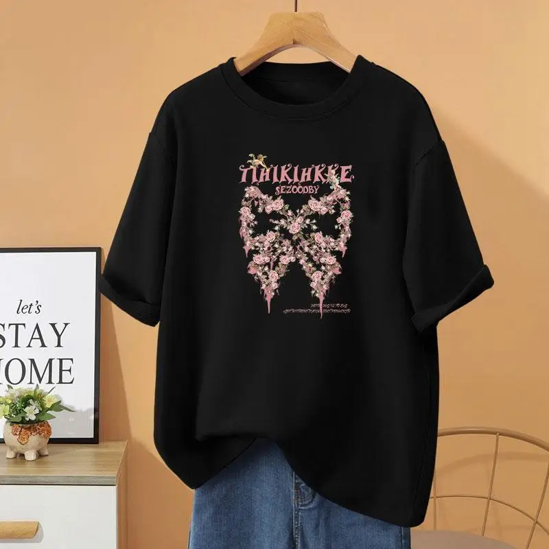 T-shirt estiva a maniche corte stampata in cartone animato, t-shirt Basic con fiocco Vintage 100% cotone, abbigliamento donna pullover larghi casuali