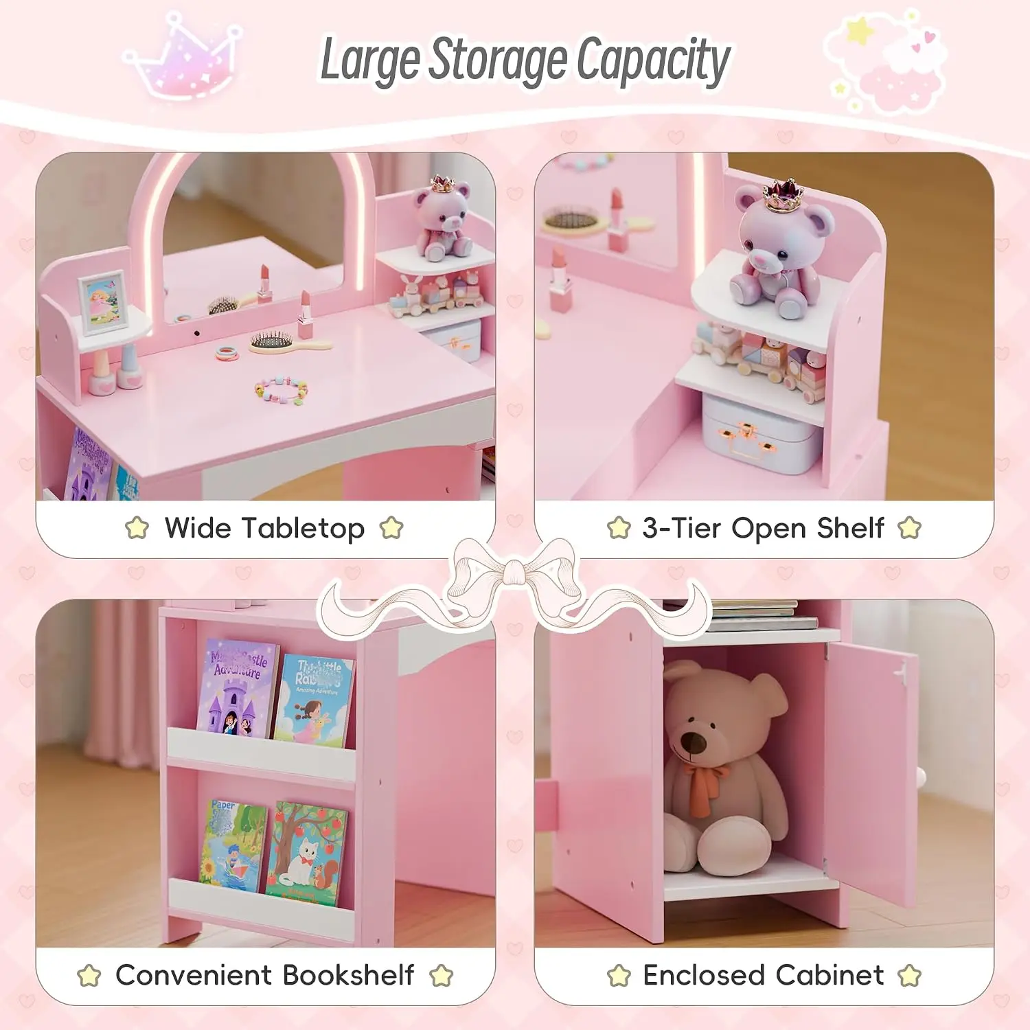 Kids Vanity with Lights & Bookshelf, Cabinet & 3-tier Shelves, Lighted Mirror with Stools for Girls, Pink, Customized