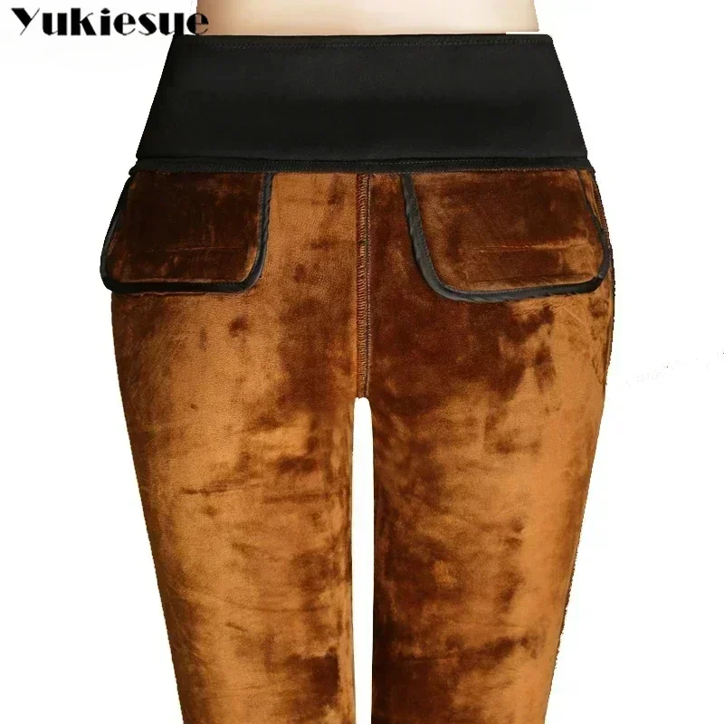 Mallas cálidas de terciopelo grueso para mujer, pantalones elásticos de cintura alta, ajustados e informales, novedad, Otoño e Invierno