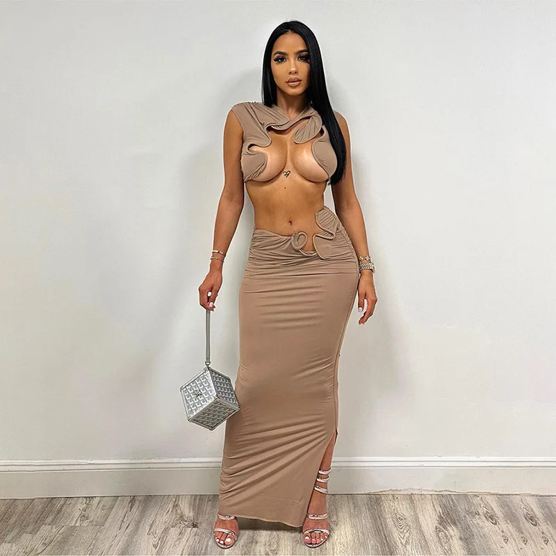 Sexy Summer 2 Piece Set Women Chic Irregular Mini Tank Tops+Long Ruffles Skirts Solid Elastic Matching Clubwear Suits