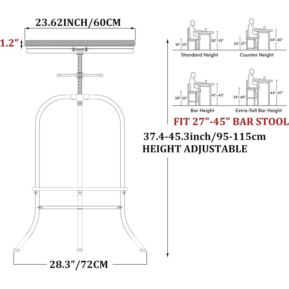 طاولة بار صناعية-37.4 بوصة-45.3 بوصة طويلة دوارة قابلة للتعديل بار ارتفاع بيسترو حانة Table-23.7 بوصة قاعدة خشبية مستديرة قاعدة معدنية