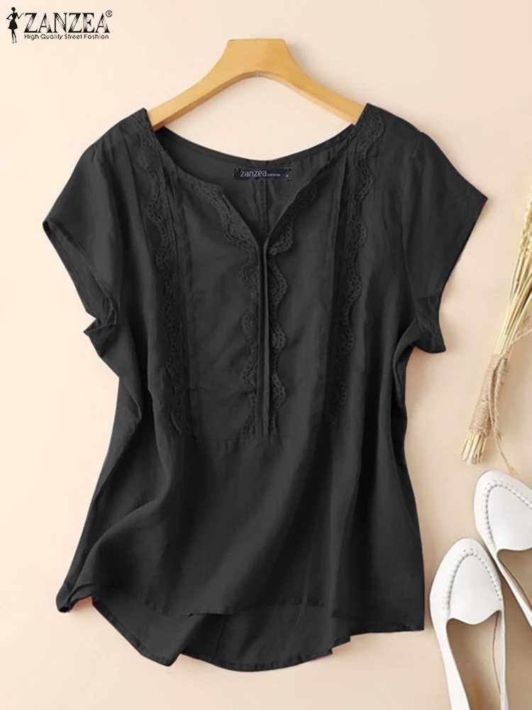 ZANZEA Casual Lace Stitching Tops Women Blouse V-neck Loose Holiday 2024 Summer Shirts Solid Color Vintage Short Sleeve Blusas