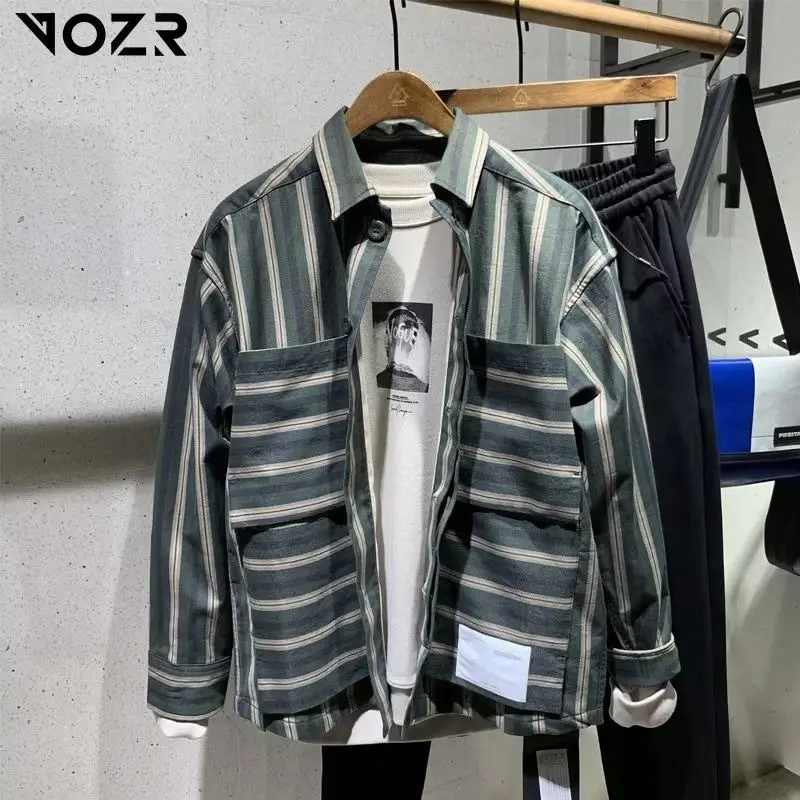 2024 Spring Autumn Men Fashion Pockets Loose Blouse Man Stripes Long Sleeve Shirt Top Male Casual Single Breasted Shirts H689