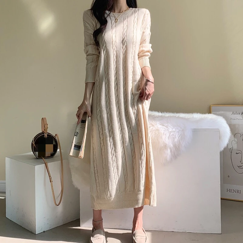 

Women 2024 Long Sleeve Elegant Sweater Knitted Dresses Autumn Sweater Long Dress Winter Warm Loose Maxi Knitwear Pullover Female