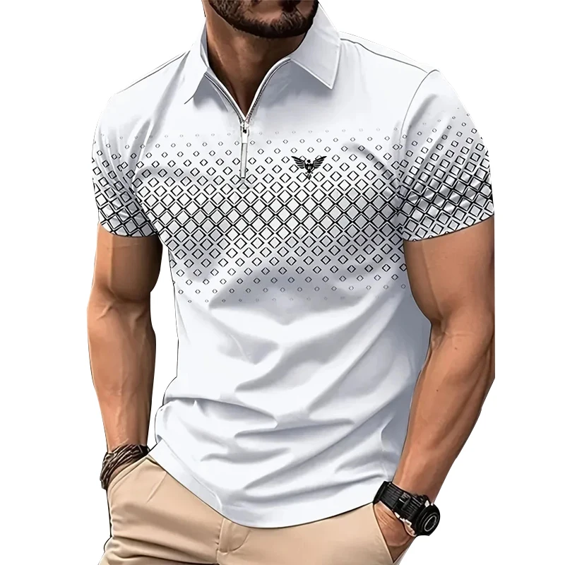 Polo con estampado de logotipo para hombre, camiseta de negocios de manga corta con cremallera, moda de verano